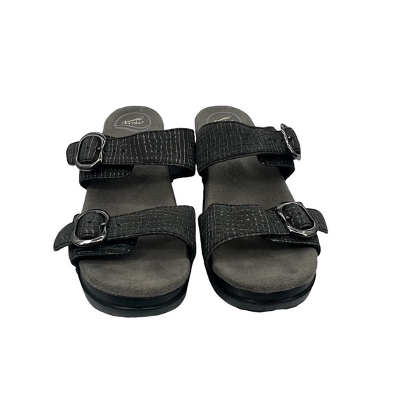 Dansko Sophie Pewter Black Leather Chunk Heel Slide Sandals Size 38 Women's - Picture 3 of 9